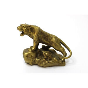 Vintage Solid Brass Tiger Statue Figure MCM Asian Style Metal Statue Signed